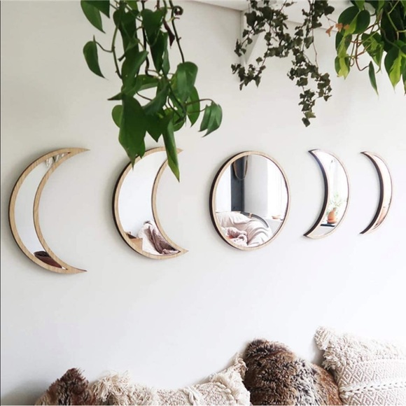 Other - 5 Pieces Wooden Moon Phase Bohemian Mirrors,  Acrylic Wall Interior Design